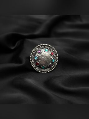 Vintage Gunmetal Dome Brooch Multicolor Crystal Cabochon Statement Pin Boho Chic